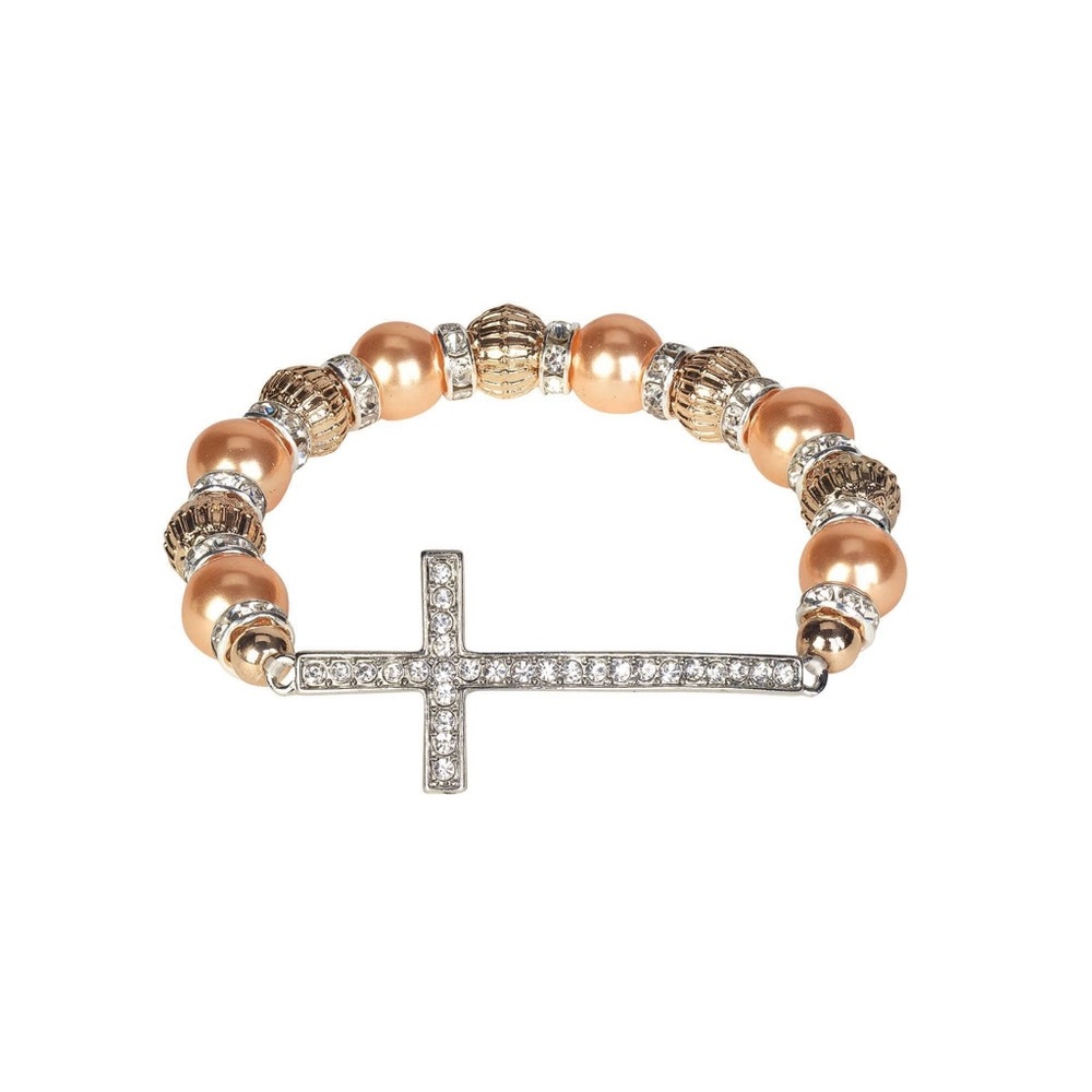 Sideways CZ Curved Cross Bracelet
